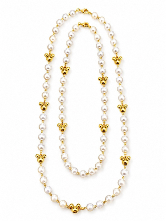 Disney Jewelry - Vintage Napier Disney Mickey Mouse Faux Pearl Gold Tone Necklace Set 11.5” 14.5”